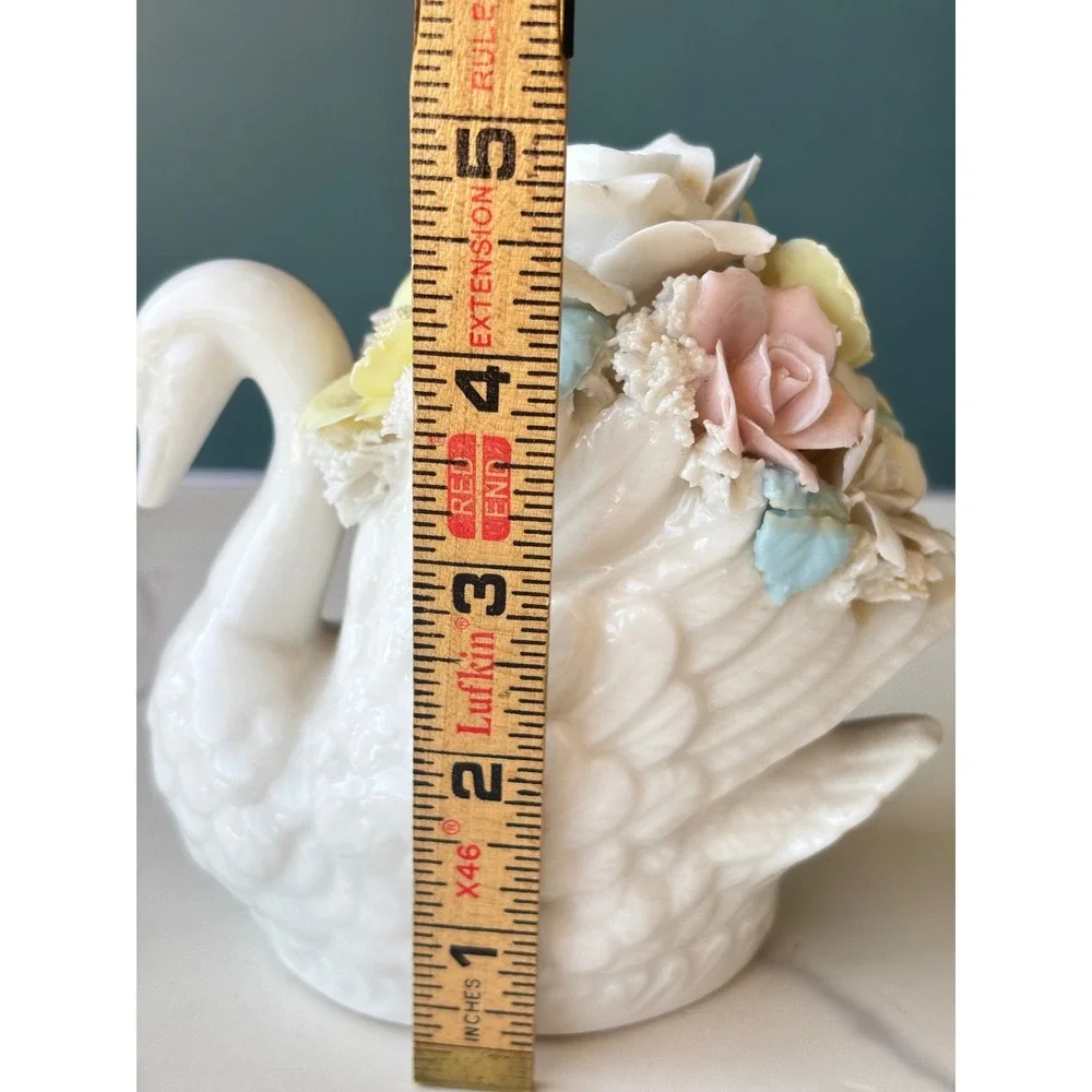 Vintage Porcelain Swan Figurine Applied Pastel Flowers